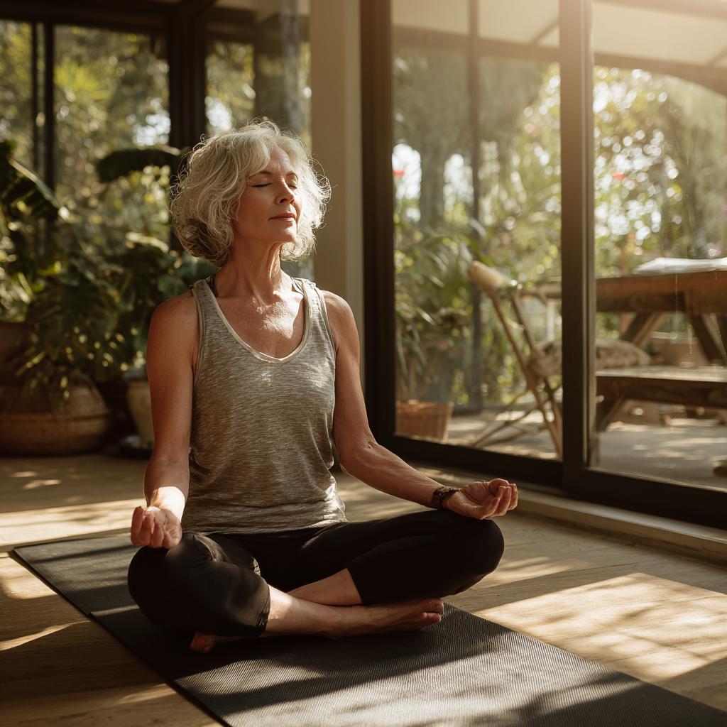 Спокойна жена на 55 години в медитативна поза върху йога постелка в слънчева стая, облечена в удобни дрехи за йога