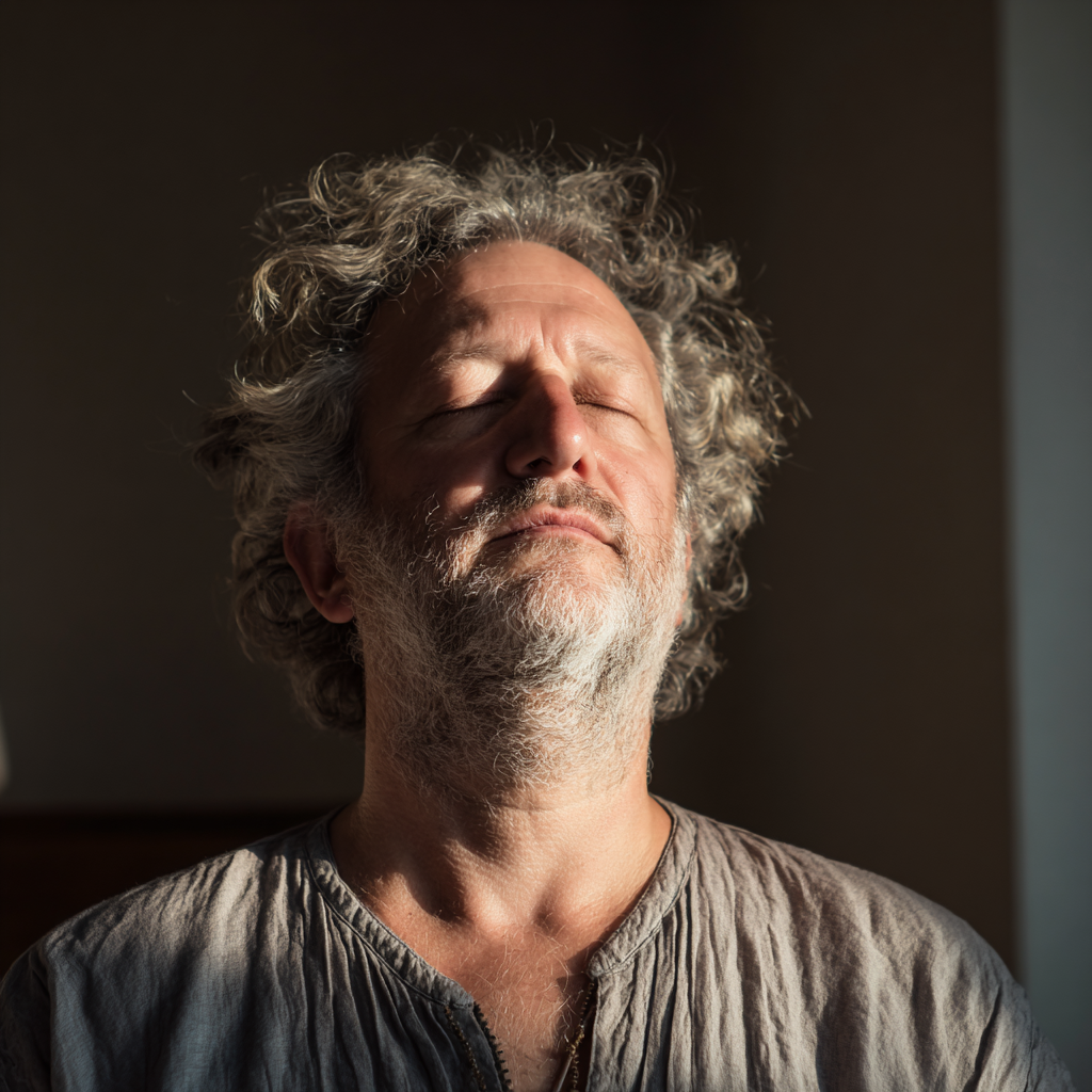 Спокоен мъж на 62 години в медитативна поза с затворени очи, седящ в тиха стая с мека светлина
