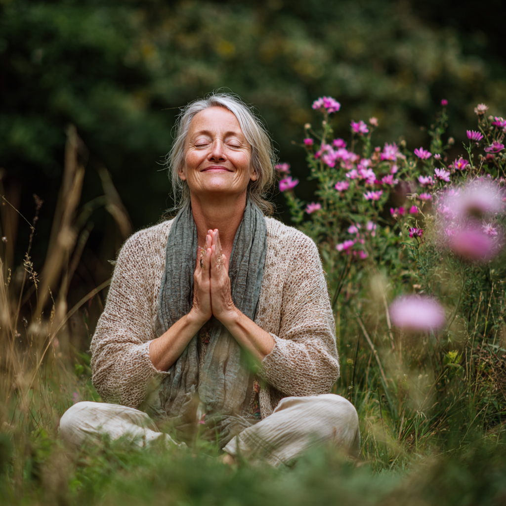 Усмихната жена на 58 години в медитативна поза сред природата, заобиколена от зеленина и цветя, изразяваща вътрешен покой